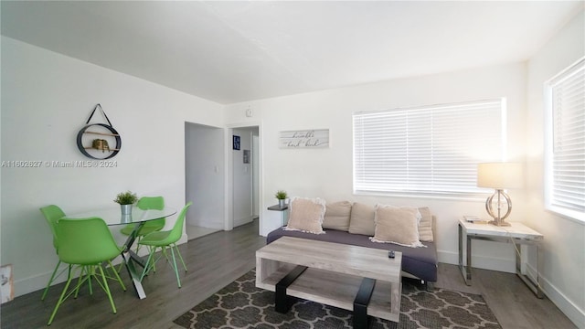 living area with a wealth of natural light, dark wood-style flooring, and baseboards