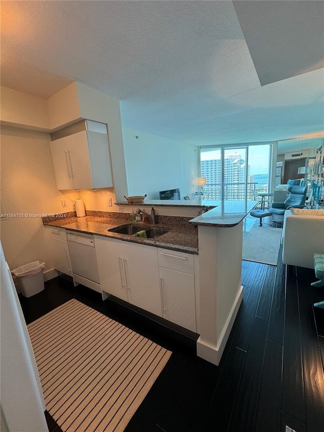 kitchen featuring white cabinetry, kitchen peninsula, sink, and dishwasher