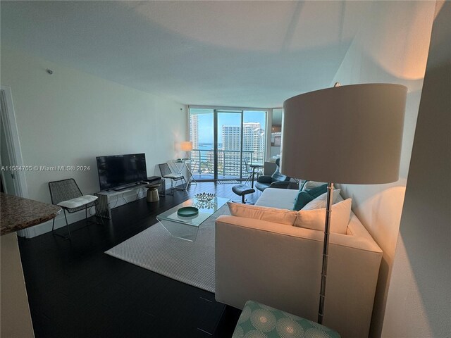 living room with floor to ceiling windows and hardwood / wood-style flooring