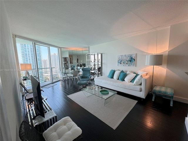 living room with a textured ceiling, a wall of windows, and dark hardwood / wood-style flooring