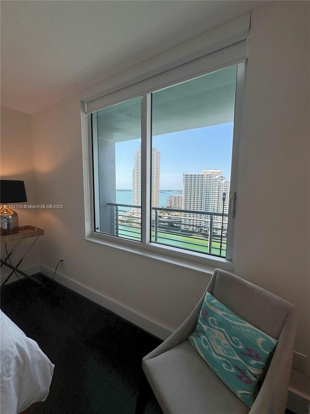 bedroom featuring a water view