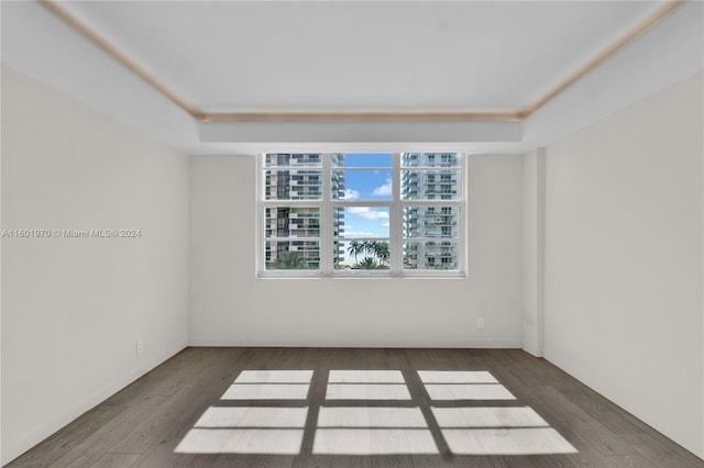 unfurnished room with dark hardwood / wood-style flooring and a tray ceiling