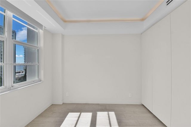 empty room with a tray ceiling and light hardwood / wood-style flooring