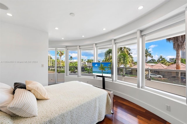 bedroom featuring dark hardwood / wood-style floors and multiple windows