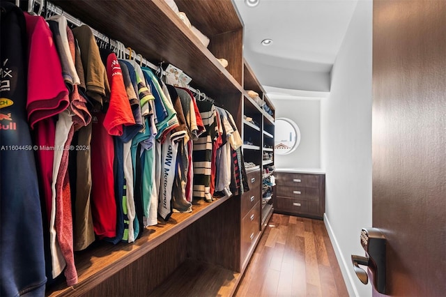 walk in closet with wood-type flooring