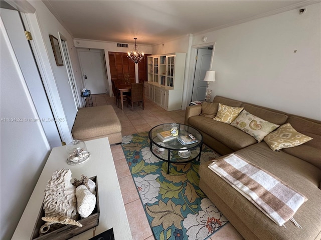 living room featuring light tile patterned flooring, crown molding, and a notable chandelier