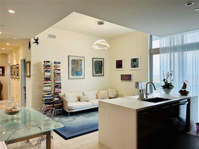 tiled living room with sink