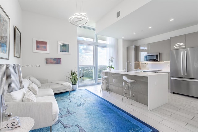 living room with sink and a wall of windows