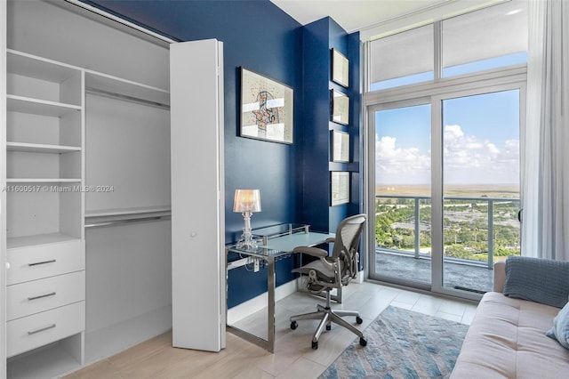 office space with a healthy amount of sunlight and light hardwood / wood-style flooring