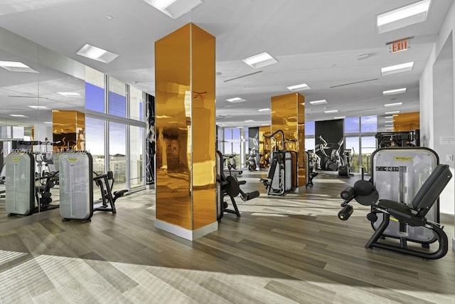 workout area with a wall of windows and hardwood / wood-style flooring