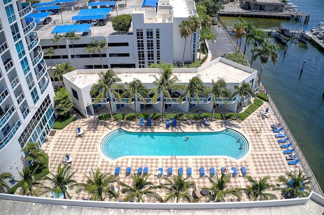 drone / aerial view featuring a water view