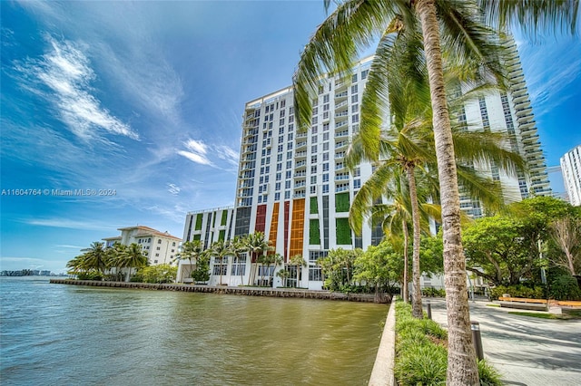 exterior space with a water view