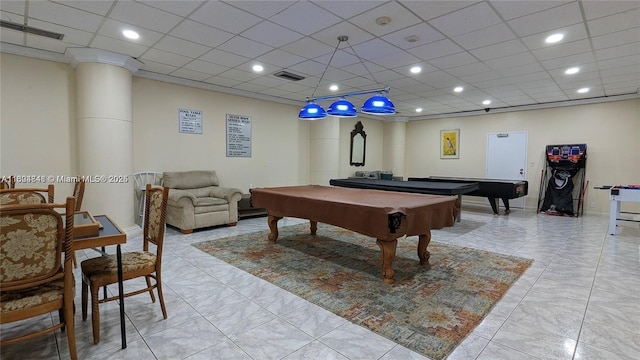 rec room with a paneled ceiling and billiards