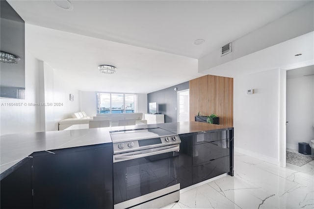 3800 S Ocean Dr Unit 803, Hollywood, FL 33019 - kitchen featuring electric range, visible vents, marble finish floor, open floor plan, and baseboards