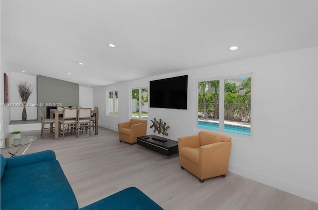 living room with a wealth of natural light and light hardwood / wood-style flooring