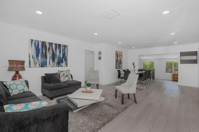 living room with light hardwood / wood-style flooring