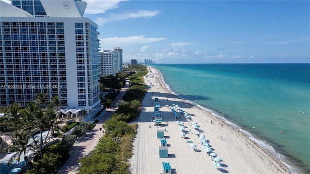 view of water feature with a beach view