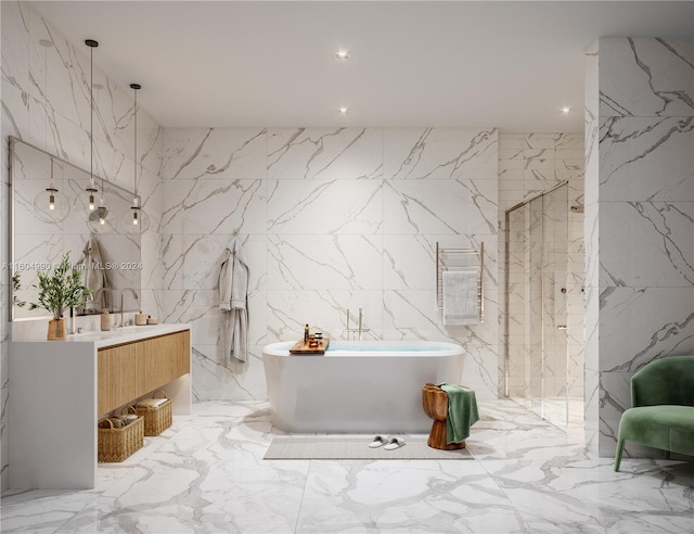 bathroom featuring tile flooring, tile walls, vanity, and plus walk in shower