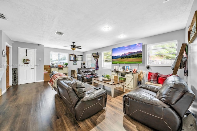 living room featuring ceiling fan, plenty of natural light, hardwood / wood-style flooring, and a textured ceiling