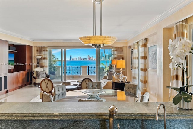 tiled dining room with ornamental molding