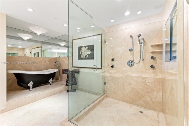 bathroom featuring tile walls, tile floors, and shower with separate bathtub