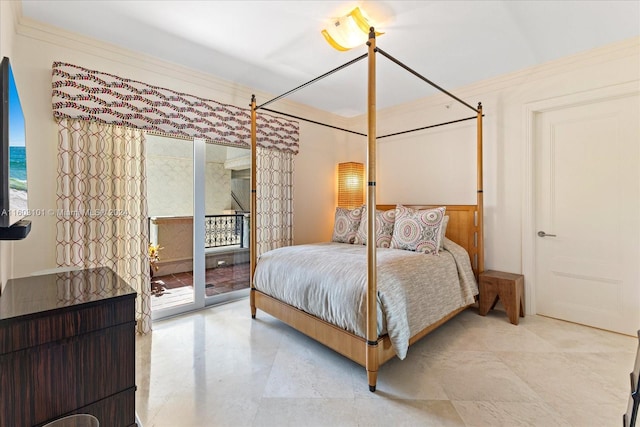 bedroom featuring tile floors, multiple windows, crown molding, and access to exterior