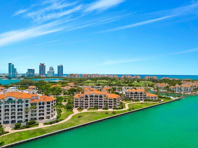 birds eye view of property featuring a water view