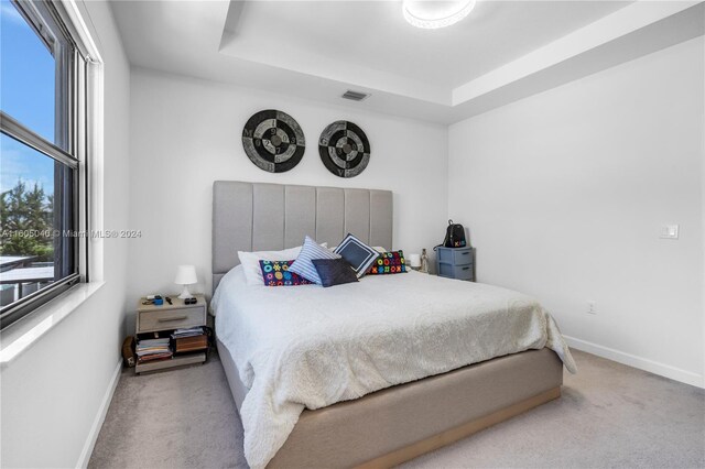 bedroom with a raised ceiling and light colored carpet