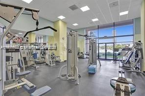 exercise room with floor to ceiling windows and a paneled ceiling