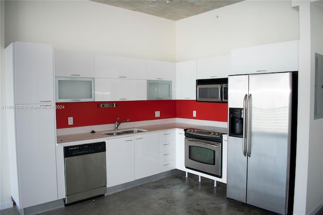 kitchen featuring appliances with stainless steel finishes, sink, and white cabinetry