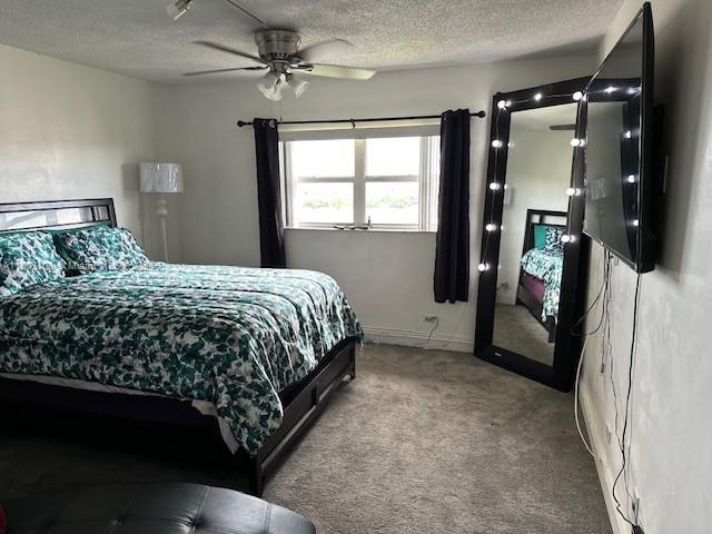 carpeted bedroom with a textured ceiling