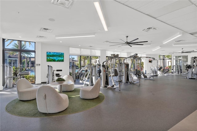 workout area with ceiling fan