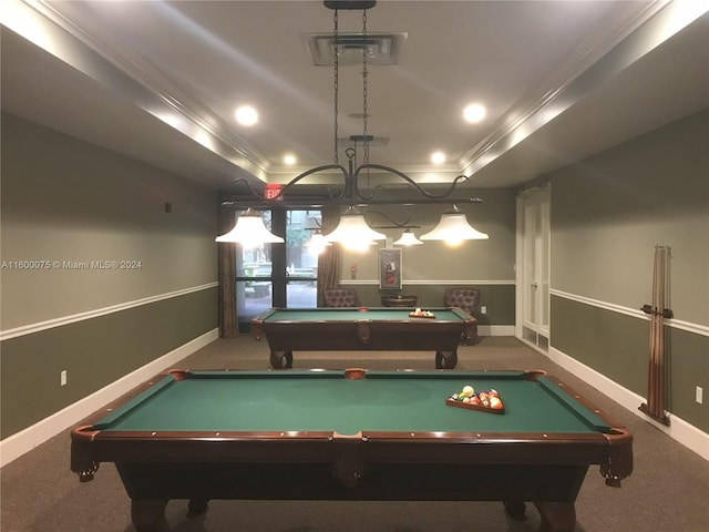 rec room with a raised ceiling, pool table, and carpet flooring