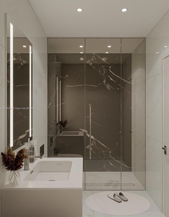 bathroom featuring toilet, vanity, and a tile shower