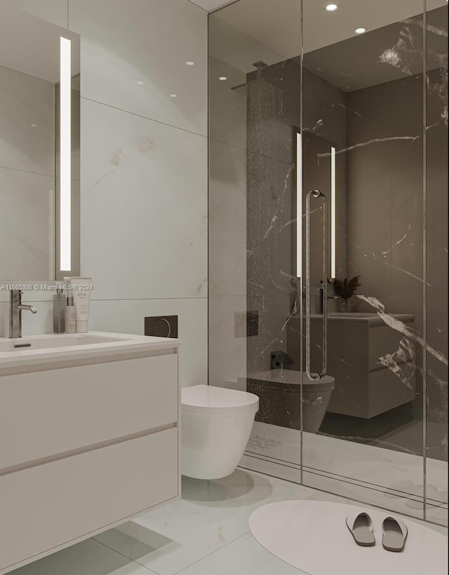 bathroom with a shower with shower door, vanity, toilet, and tile walls