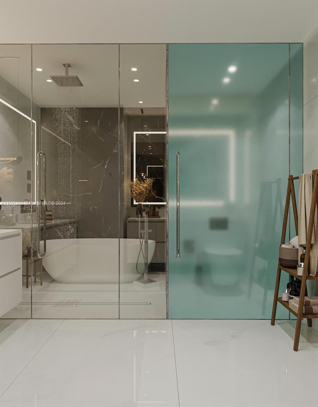 bathroom featuring tile walls, an enclosed shower, vanity, and tile patterned floors