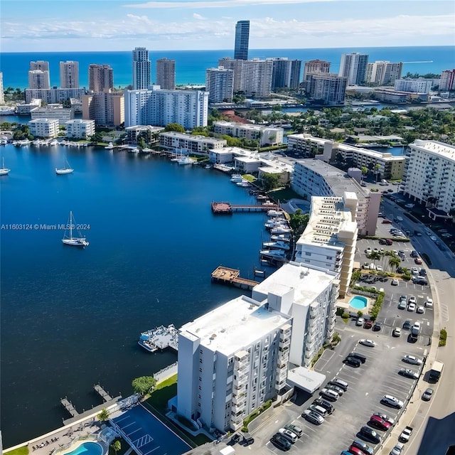 drone / aerial view featuring a water view