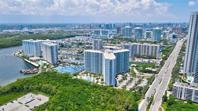 bird's eye view with a water view and a view of city