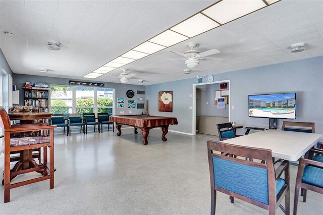 recreation room featuring ceiling fan and billiards