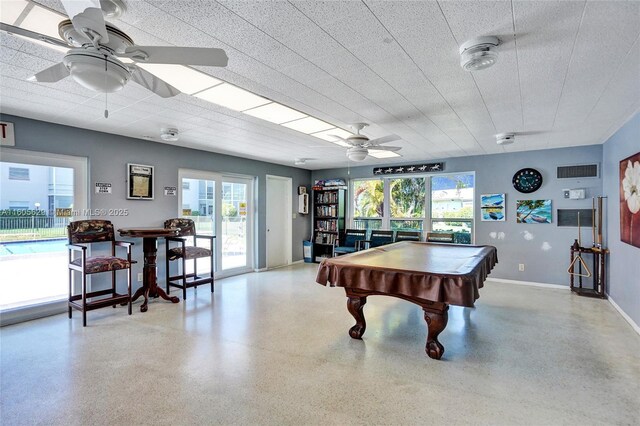 rec room with ceiling fan and pool table