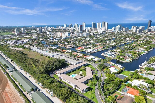 bird's eye view with a water view