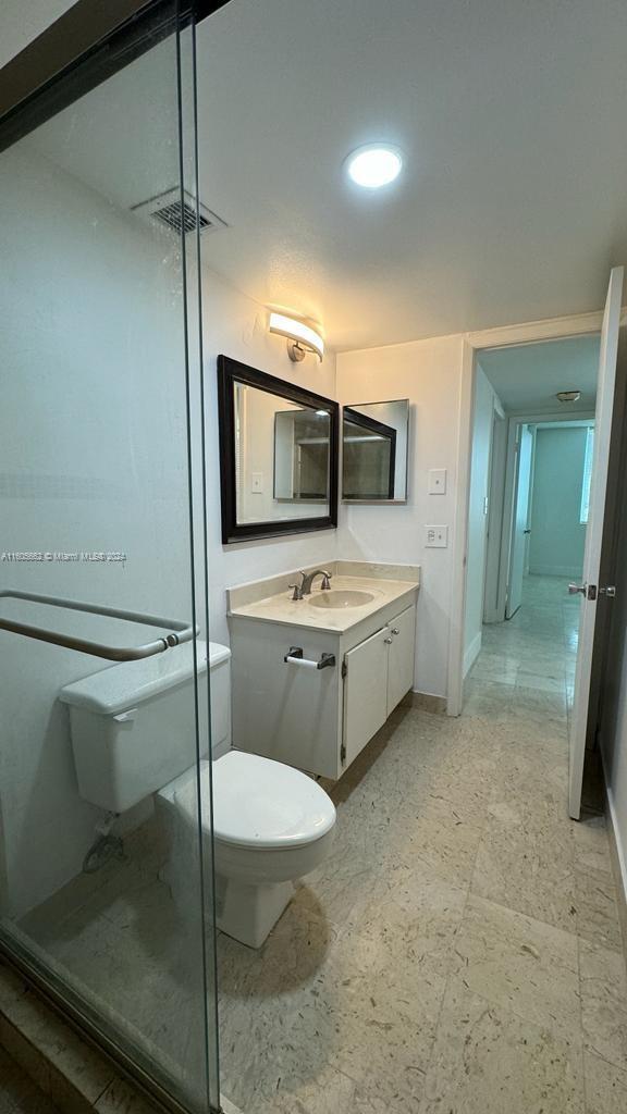 bathroom featuring toilet, vanity, and walk in shower