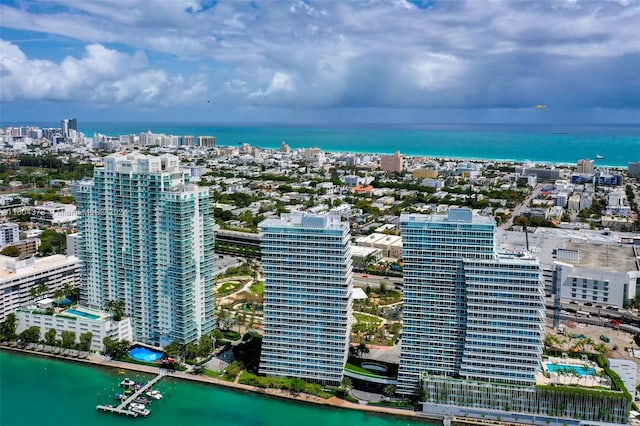 drone / aerial view with a water view