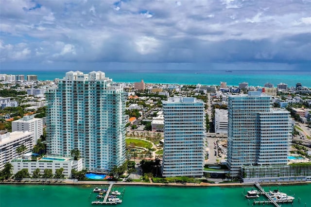 bird's eye view with a water view