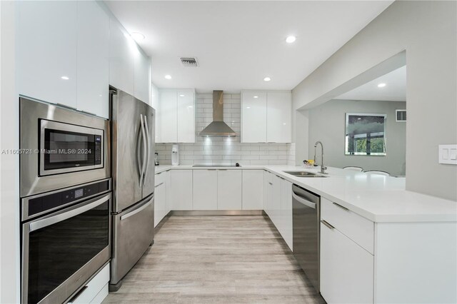 kitchen featuring backsplash, appliances with stainless steel finishes, light hardwood / wood-style floors, wall chimney range hood, and kitchen peninsula