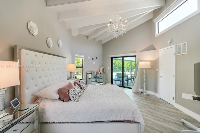 bedroom with light wood-type flooring, beamed ceiling, high vaulted ceiling, a notable chandelier, and access to outside