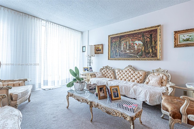 living room featuring carpet and a textured ceiling