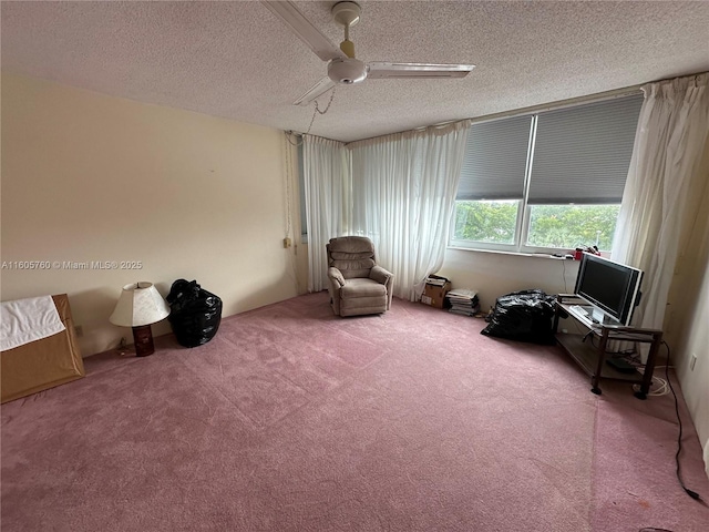 living area with carpet flooring, ceiling fan, and a textured ceiling