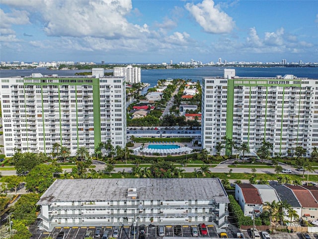 drone / aerial view with a water view