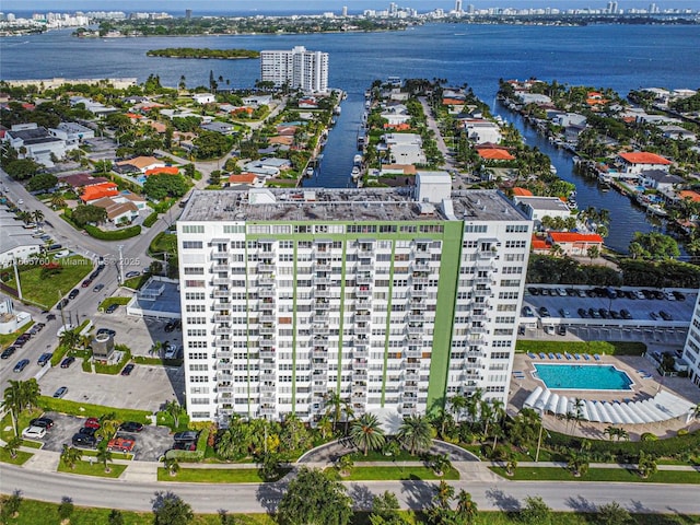 birds eye view of property featuring a water view